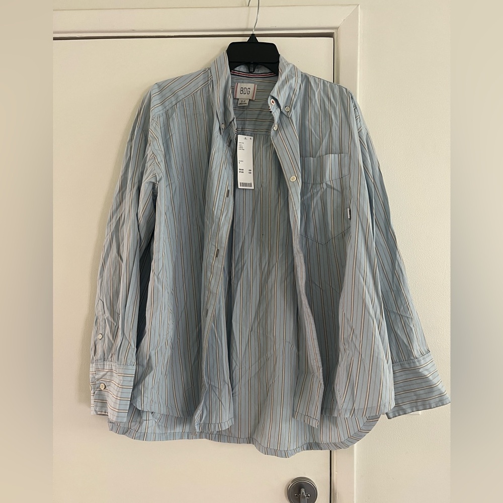 BDG - long sleeve button down in light blue/yellow striped - size S